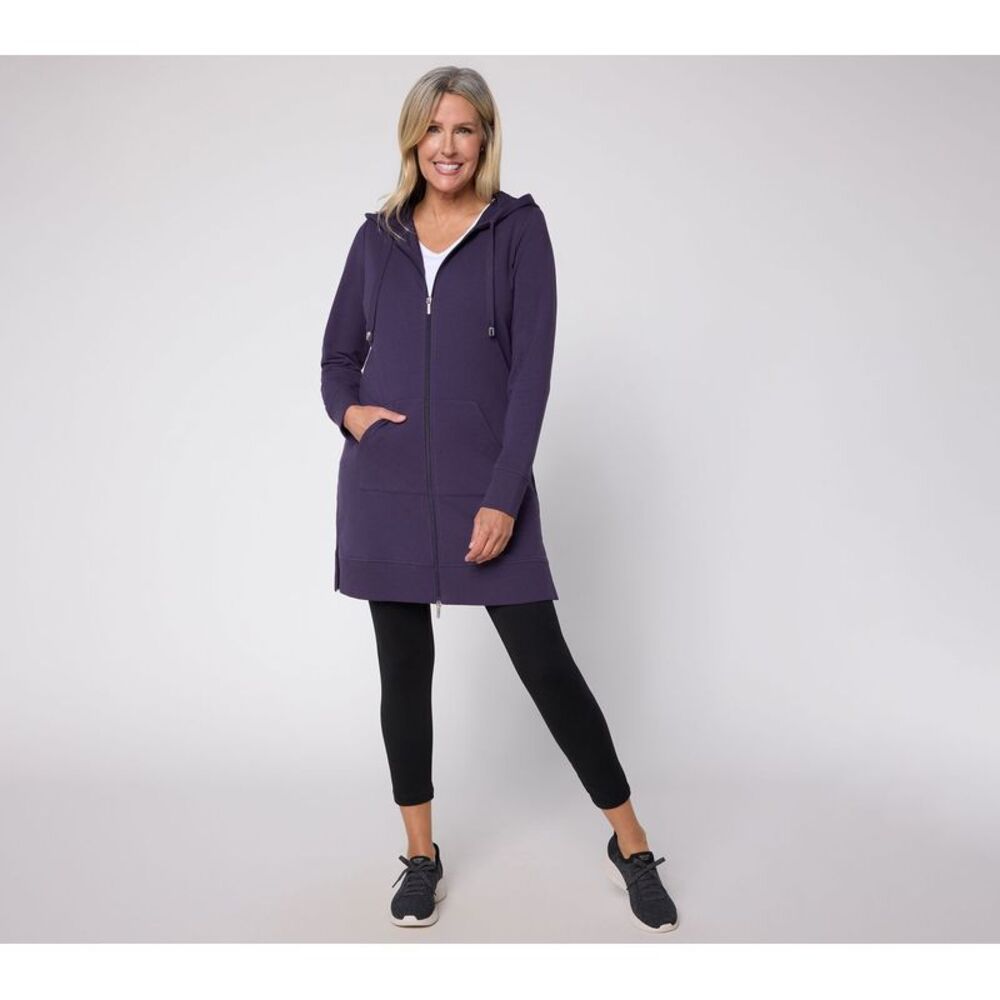 Denim & Co. Women's Petite Jacket PS Active French Terry Hooded Purple